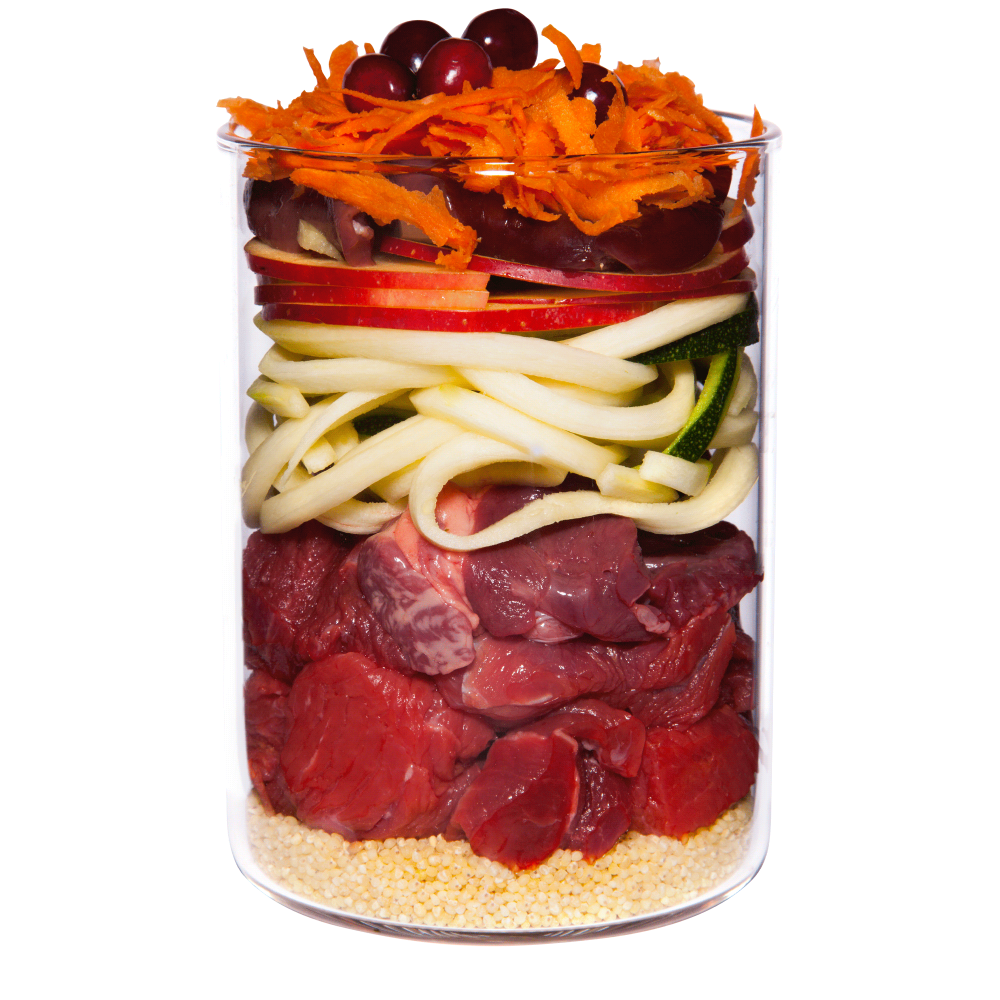 Rind mit Apfel, Karotte und Hagebutte