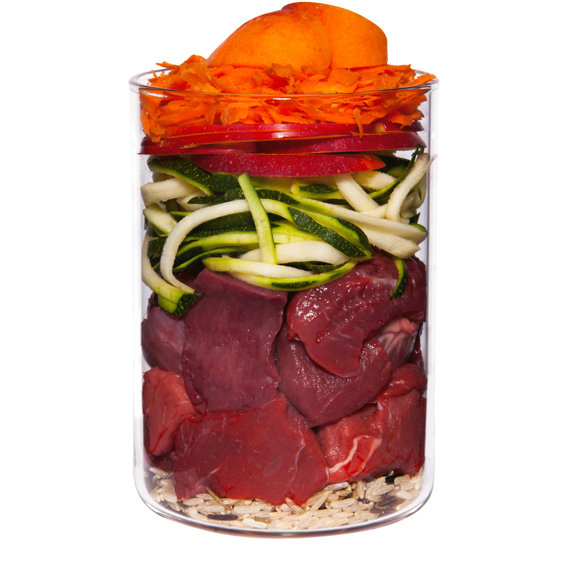 Rind mit Karotte, Apfel und Naturreis